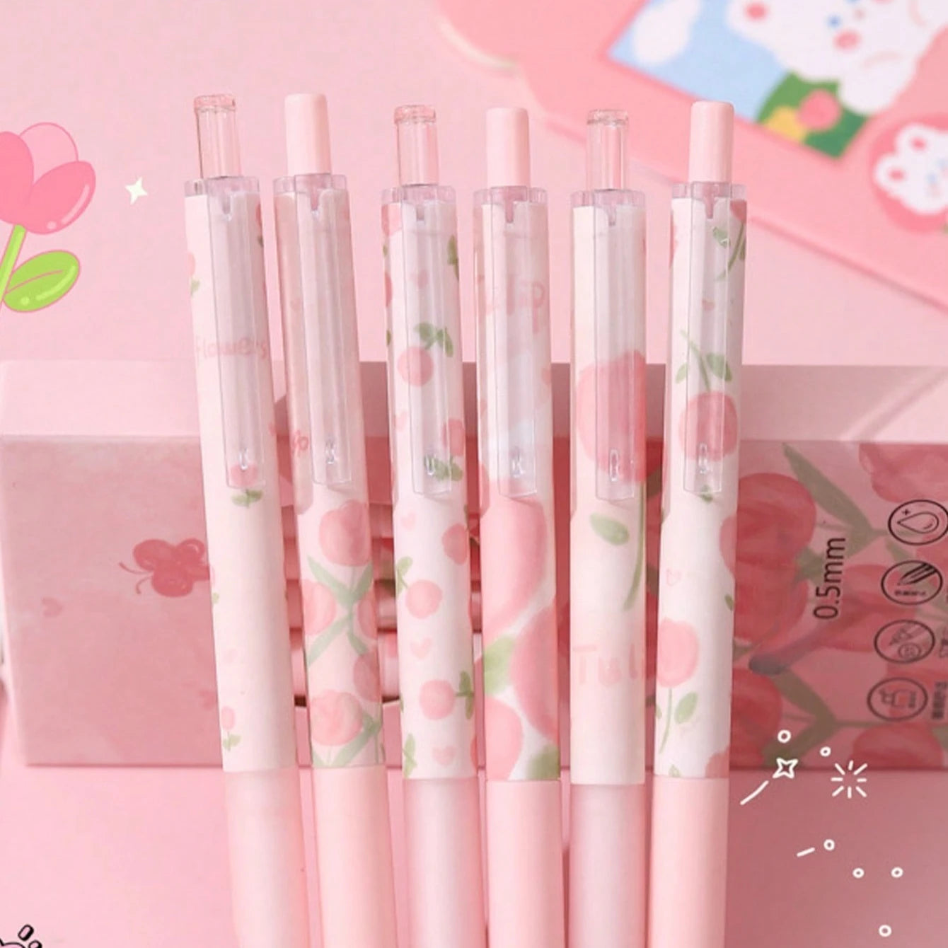 3/6pcs Cute Floral Gel Pens, 0.5mm Fine Point Black Ink – Smooth Writing Retractable Pens, Pink Tulip Design