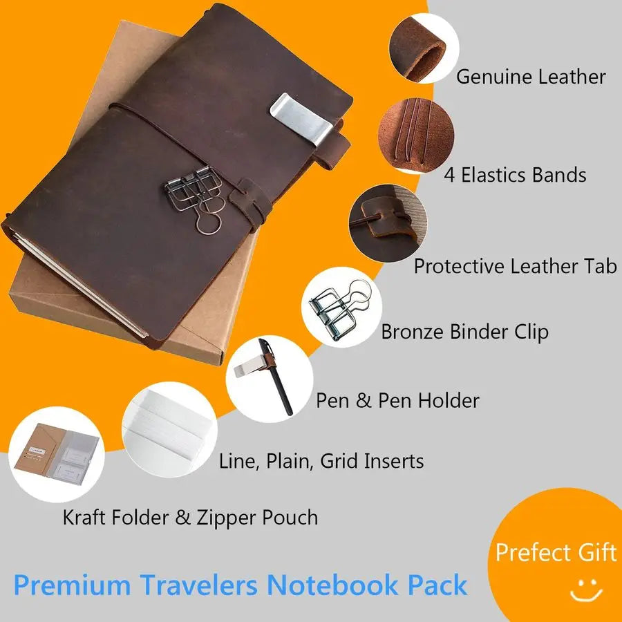 Refillable Leather Journal Travelers Notebook 8.5 x 4.5 Travel Diary with 5 Inserts Pen Holder and Binder Clip, Standard Size, B