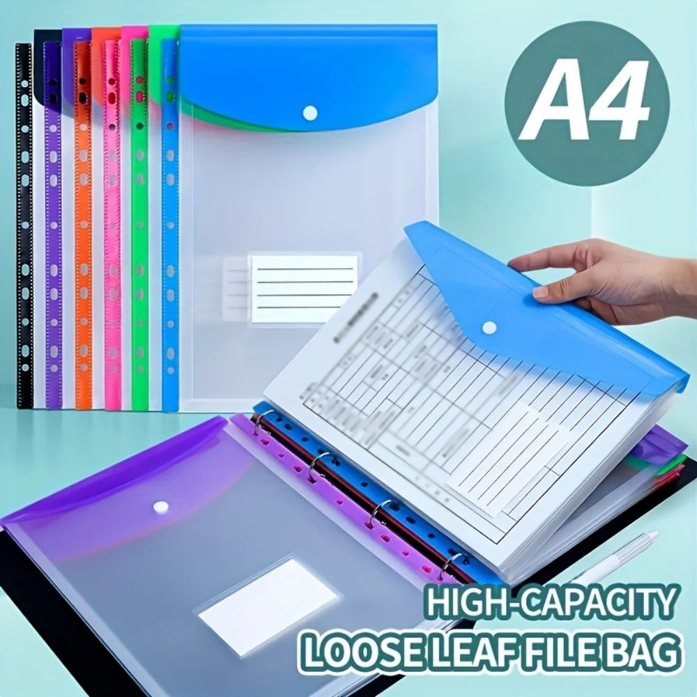 6pcs Plastic Envelope With Adhesive Snaps & 11 Holes File Folder Expansion Bag For 2/3/4 Ring File Bag A4 File Bag School Office