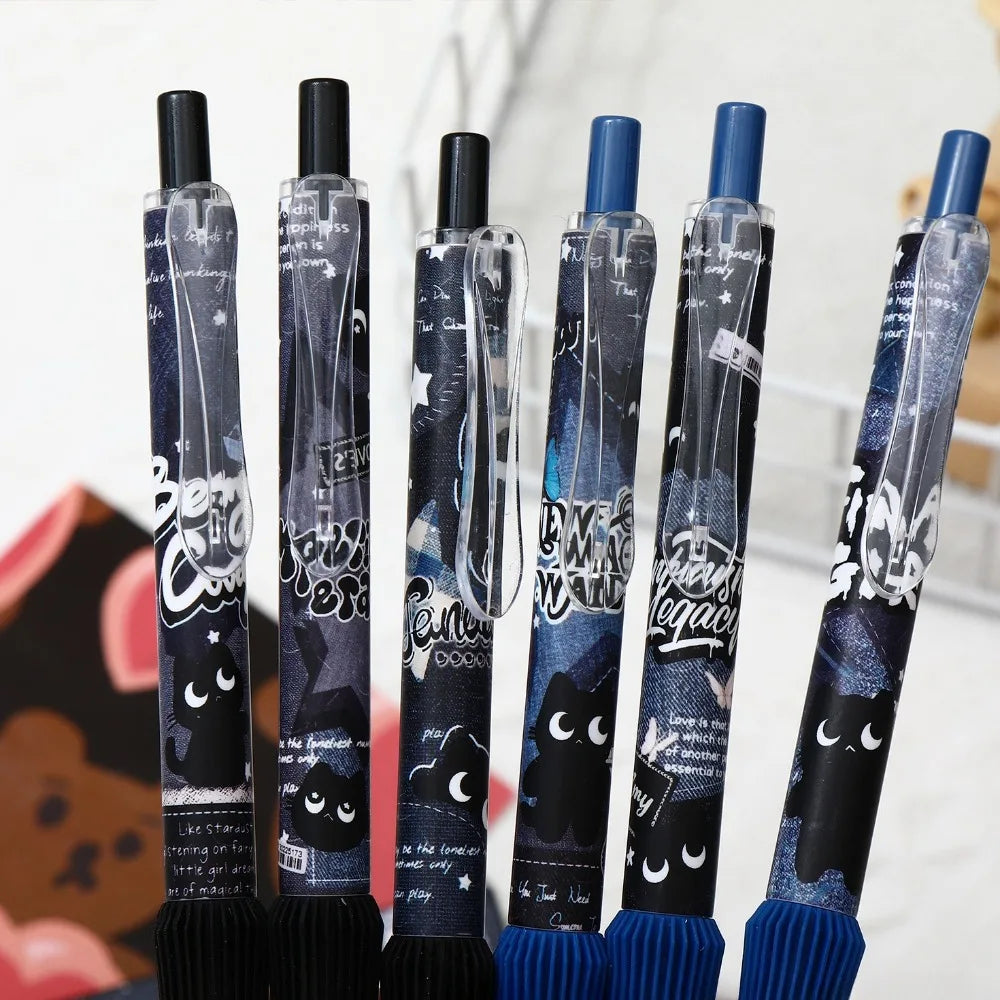 6pcs Black Cat Soft Grip Retractable Gel Pens, suitable for journaling, diary writing, marking, school supplies, and holiday par