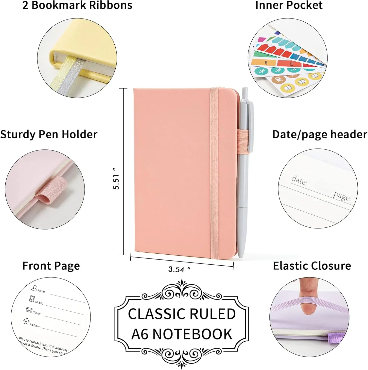 6 Pack Mini Hardcover Notebooks with Pen Holder, College Ruled Lined Journals, Pastel Colors, Includes 6 Black Pens