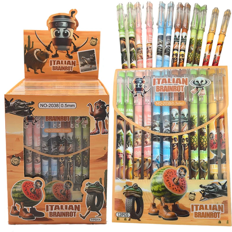 12PCS Italian Brainrot Tung Neutral Erasable Pen Cute Anime Gel Pens Kawaii Quickly-Drying Black Erasable Pens School Supplies