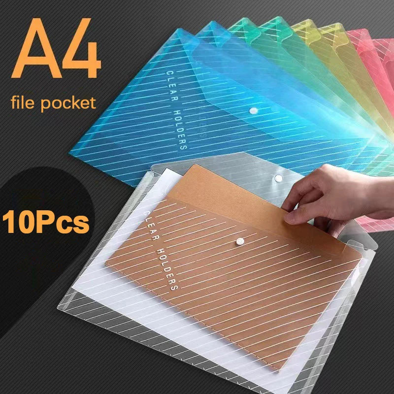 10 Pcs A4 Transparent Waterproof File Folder With Snap Buckles – Large Capacity For Office, School, And Exam Papers